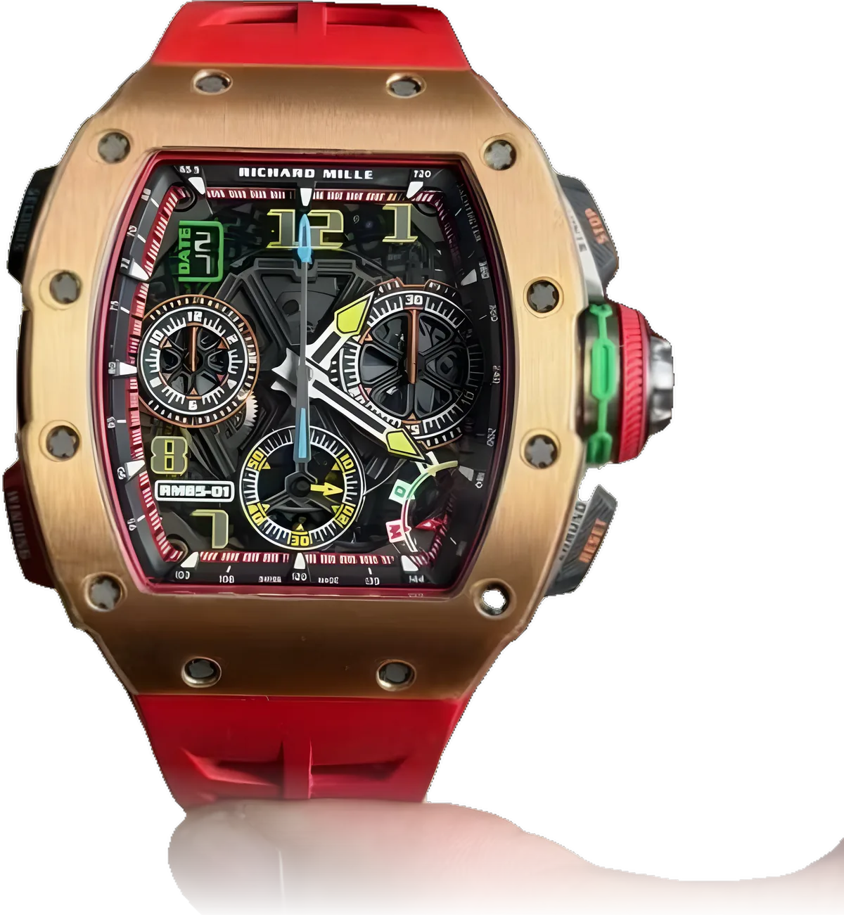 A luxury chronograph watch held up after servicing